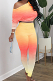 Pink Red Green Cotton Blend Gradient Long Sleeve Obique Shoulder Dew Belly High Waist Tight Pants Sport Sets HXY8032-5