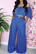 Dark Blue Causal Short Sleeve A Word Shoulder Strapless High Waist Wide Leg Pnats Jean Sets HXY8024-3