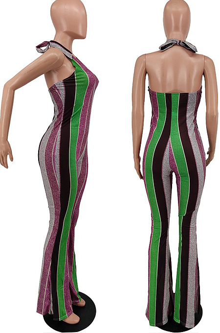 Purple Night Club Stripe Printing Halter Neck V Collar Backless Slim Fitting Wide Leg Jumpsuits HXY8055-3