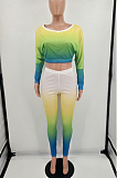 Yellow Green Cotton Blend Gradient Long Sleeve Obique Shoulder Dew Belly High Waist Tight Pants Sport Sets HXY8032-2