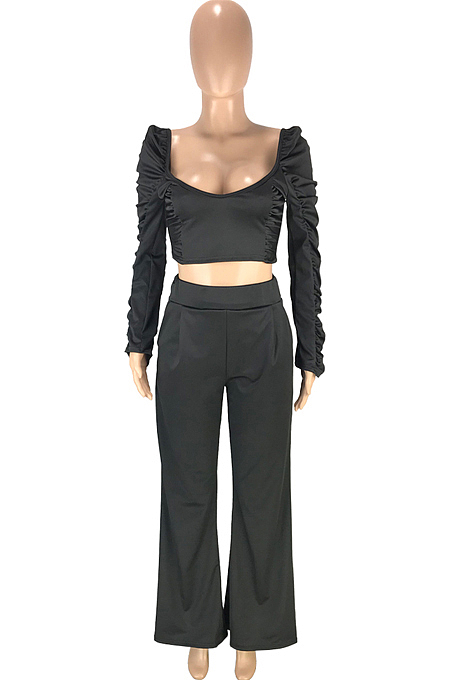 Royal Blue Fashion Cotton Blend Low-Cut Long Sleeve Ruffle Dew Waist Blouse High Waist Shift Pants Two-Piece SM9199-2
