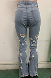 Light Blue Euramerican Women Hole Tassel Mid Waist Tight Flare Leg Pants LD8689