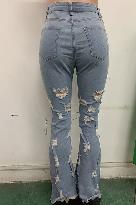 Light Blue Euramerican Women Hole Tassel Mid Waist Tight Flare Leg Pants LD8689
