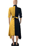 Pink Fashion Casual Contrast Color Long Sleeve Turn-Down Collar Irregular Mid Dress T Shirt/Shirt Dress ML7455-3