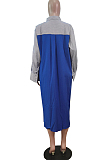 Blue Casual Women Stripe Spliced Long Sleeve Lapel Neck Single-Breasted Loose Shirt Dress WY6839-2