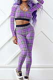 Orange New Women Plaid Printing Long Sleeve U Neck Crop Top High Waist Bodycon Pants Two-Piece TRS1170-1
