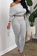 Gray Fashion Long Sleeve Oblique Shoulder Dew Belly High Waist Bodycon Pants Solid Colur Sport Sets HXY8027-2