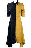 Yellow Fashion Casual Contrast Color Long Sleeve Turn-Down Collar Irregular Mid Dress T Shirt/Shirt Dress ML7455-1