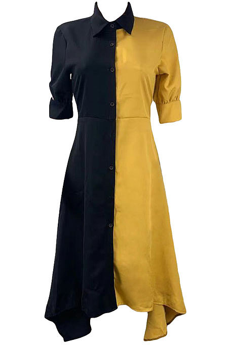 Yellow Fashion Casual Contrast Color Long Sleeve Turn-Down Collar Irregular Mid Dress T Shirt/Shirt Dress ML7455-1