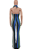 Orange Night Club Stripe Printing Halter Neck V Collar Backless Slim Fitting Wide Leg Jumpsuits HXY8055-4