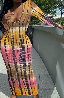 Khaki Pink Women Tie Dye Ribber Positioning Printing Bodycon Long Sleeve Sexy Long Dress Q922-4