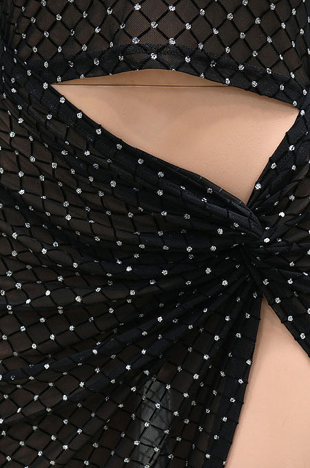 Black Net Cloth Pure Color Long Sleeve Round Neck Split Mini Dress YF9172