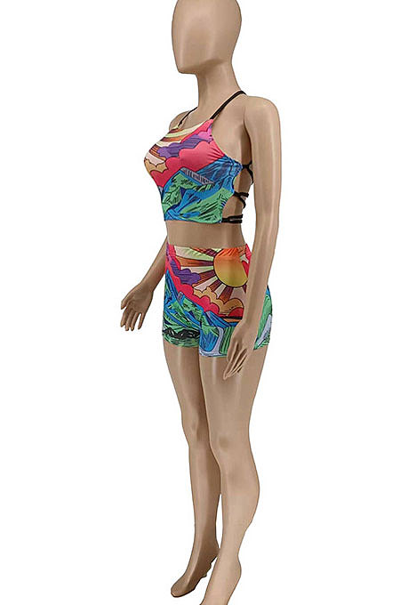 Multicolor Women Trendy Printing Condole Belt Tied Backless Shorts Sets WME2062
