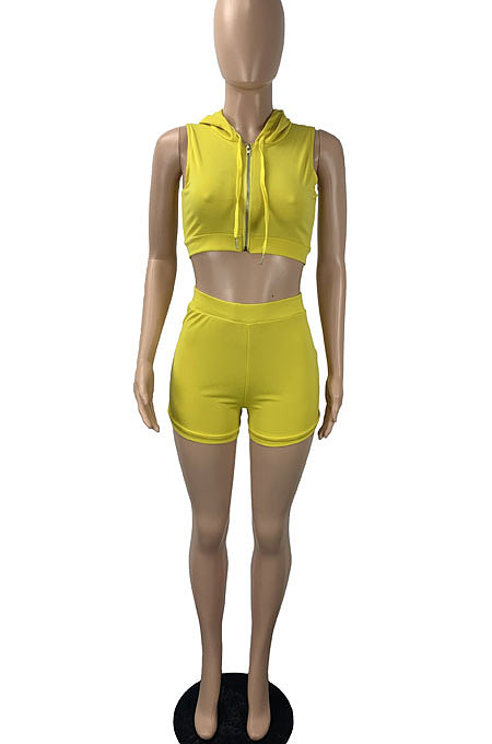 Yellow Women Trendy Sport Solid Color Slim Fitting Hoodie Sleeveless Zipper Shorts Sets ML7456-1