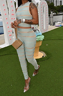 Light Blue Women Fashion Casual Strap Printing Bodycon Sleeveless Tank Pants Sets ML7453-3