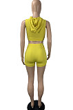 Yellow Women Trendy Sport Solid Color Slim Fitting Hoodie Sleeveless Zipper Shorts Sets ML7456-1