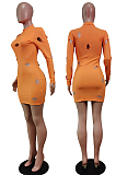 Gray Cotton Blend Sexy Hollow Out Long Sleeve O Collar Bodycon Solid Color Hip Mini Dress WY6834-1