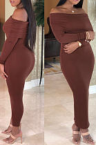 Brown Sexy Knitting Long Sleeve A Word Shoulder Slim Fitting Solid Color Bodycon Dress SY8823