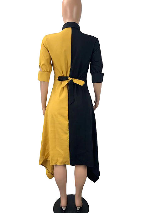 Yellow Fashion Casual Contrast Color Long Sleeve Turn-Down Collar Irregular Mid Dress T Shirt/Shirt Dress ML7455-1