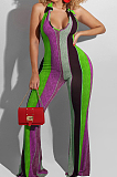 Blue Night Club Stripe Printing Halter Neck V Collar Backless Slim Fitting Wide Leg Jumpsuits HXY8055-2