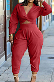 Black Casual Women Long Sleeve Deep V Collar Crop Top High Waist Carrot Pants Solid Color Two-Piece HXY68016-3