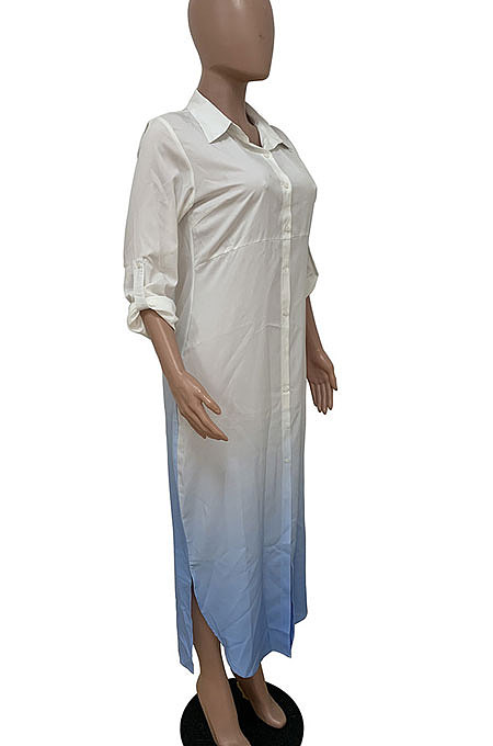 Green Women Gradient Cardigan Long Sleeve Mid Waist Irregular Long Dress T Shirt/Shirt Dress LD81037-2