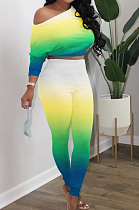Yellow Green Cotton Blend Gradient Long Sleeve Obique Shoulder Dew Belly High Waist Tight Pants Sport Sets HXY8032-2