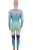 Yellow Red Cotton Blend Gradient Long Sleeve Obique Shoulder Dew Belly High Waist Tight Pants Sport Sets HXY8032-1