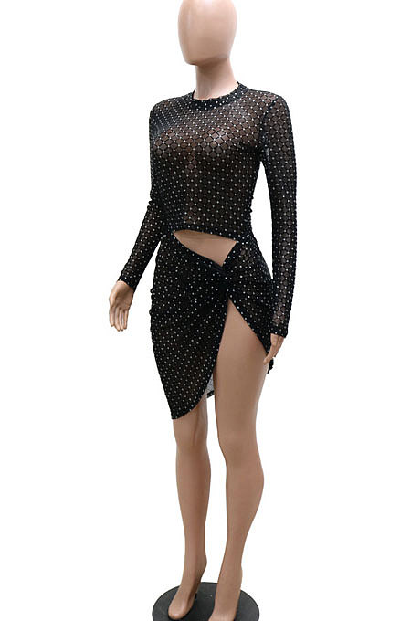 Black Net Cloth Pure Color Long Sleeve Round Neck Split Mini Dress YF9172