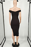 Light Blue Ribber Spliced V Neck Bandge Sexy Slit Slim Fitting Can Leak Shoulder Midi Dfess YM209-1