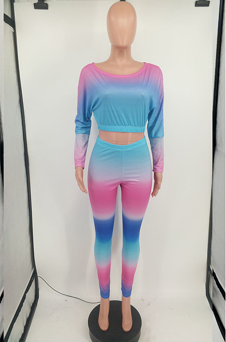 Yellow Red Cotton Blend Gradient Long Sleeve Obique Shoulder Dew Belly High Waist Tight Pants Sport Sets HXY8032-1