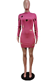 Black Cotton Blend Sexy Hollow Out Long Sleeve O Collar Bodycon Solid Color Hip Mini Dress WY6834-2