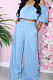 Light Blue Causal Short Sleeve A Word Shoulder Strapless High Waist Wide Leg Pnats Jean Sets HXY8024-2