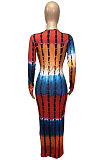 Multicolor Purple Women Tie Dye Ribber Positioning Printing Bodycon Long Sleeve Sexy Long Dress Q922-2