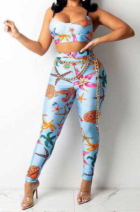 Sexy Women Fashion Printing Tight Condole Belt Backless Long Pants Sets YZ7034-3