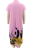White Women Turn-Down Collar Short Sleeve Irregular Printing Casual T Shirt/Shirt Dress KZ2118-1