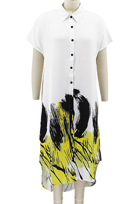 Pink Women Turn-Down Collar Short Sleeve Irregular Printing Casual T Shirt/Shirt Dress KZ2118-2