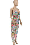 Black Euramerican Women Fashion Printing Condole Belt V Neck Casual Jumpsuit WME2068-2