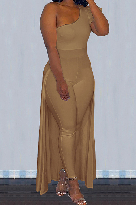 Khaki Personality One Shoulder Short Sleeve Long Pants Cape Pure Color Bodycon Jumpsuits OMY80036-3
