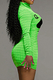 Green Fashion Plaid Printing Long Sleeve Round Collar Slim Fitting Solid Color Hip Mini Dress YMT6223-1
