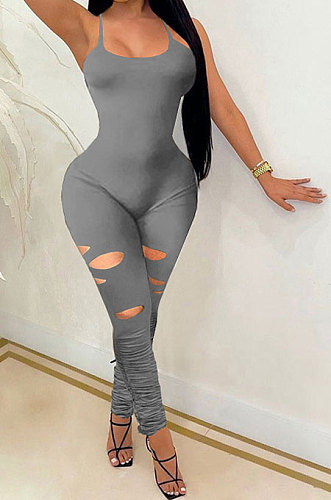 Black Women Trendy Casual Pure Color Condole Belt Hole Ruffle Sexy Backless Bodycon Jumpsuits WME2051-3