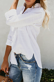 White Summer New Long Sleeve Lapel Collar Single-Breasted Loose Solid Color Shirts MDO0172-1