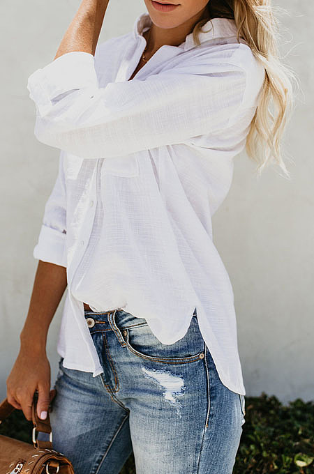 White Summer New Long Sleeve Lapel Collar Single-Breasted Loose Solid Color Shirts MDO0172-1