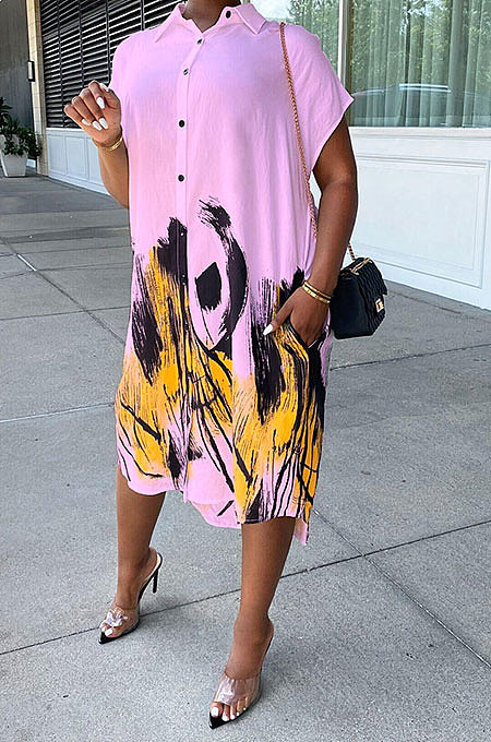Pink Women Turn-Down Collar Short Sleeve Irregular Printing Casual T Shirt/Shirt Dress KZ2118-2