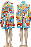 Orange Yellow Women Printing Casual Bodycon Long Sleeve Turn-Down Collar T Shirt/Shirt Dress YZ7040-1