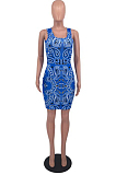 Light Blue Sexy Positioning Printing U Collar Sleeveless Bodycon Tank Hip Midi Dress OH8072