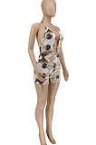 Beige Euramerican Women Trendy Printing Condole Belt Backless Hollow Out Romper Shorts WME20752