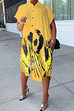White Women Turn-Down Collar Short Sleeve Irregular Printing Casual T Shirt/Shirt Dress KZ2118-1
