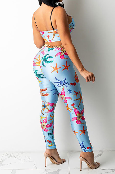 Blue Sexy Women Fashion Printing Tight Condole Belt Backless Long Pants Sets YZ7034-2