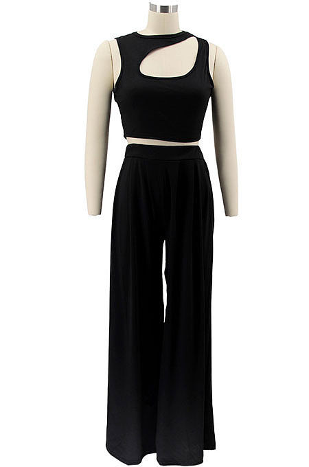 Blue Women Sleeveless Solid Color Round Neck Dew Waist Pants Sets KZ2123-5